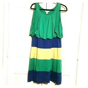 Blue, green, tan dress